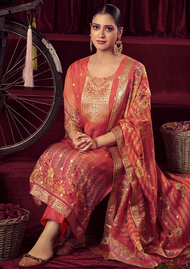 Orange Jacquard Muslin Kurta Set