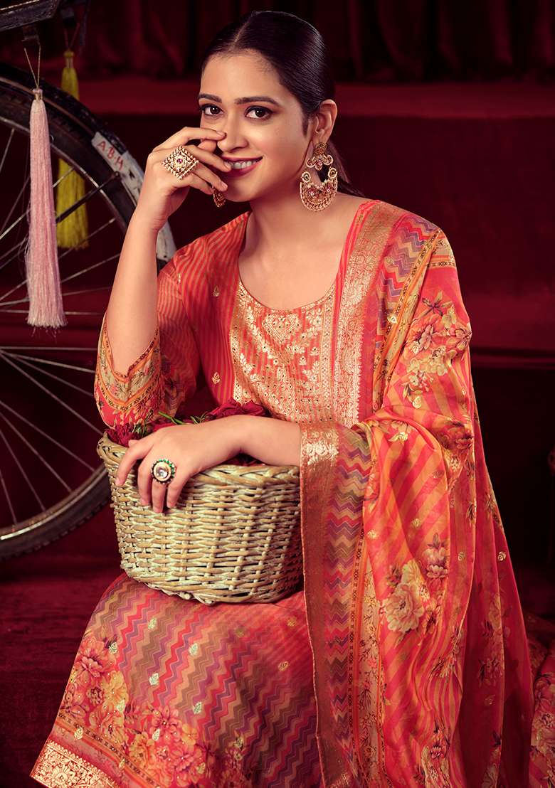 Orange Jacquard Muslin Kurta Set - Indya