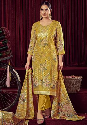 Mustard Jacquard Muslin Kurta Set