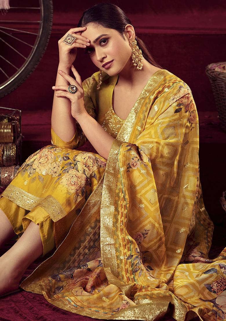 Mustard Jacquard Muslin Kurta Set