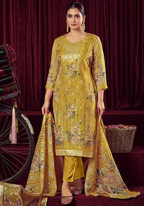 Mustard Jacquard Muslin Kurta Set