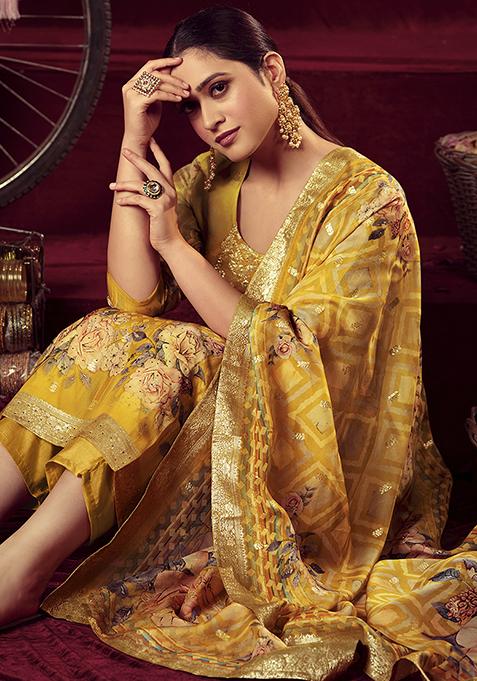 Mustard Jacquard Muslin Kurta Set