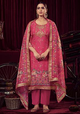 Magenta Jacquard Muslin Kurta Set