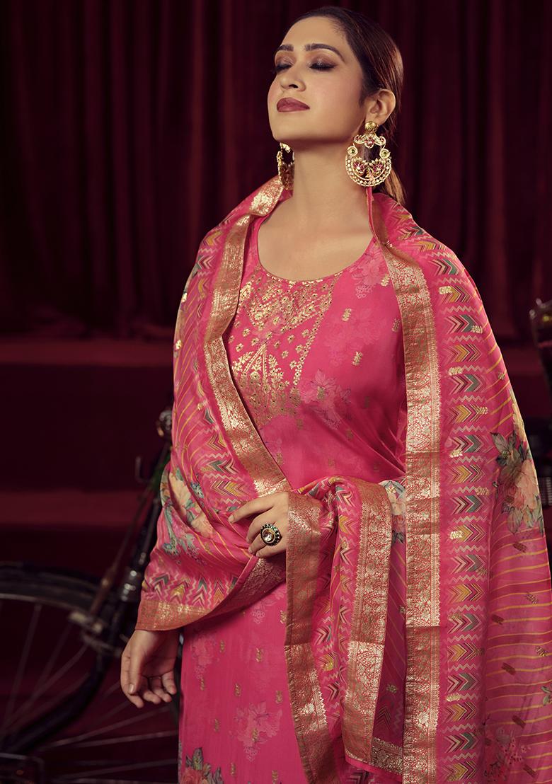 Magenta Jacquard Muslin Kurta Set