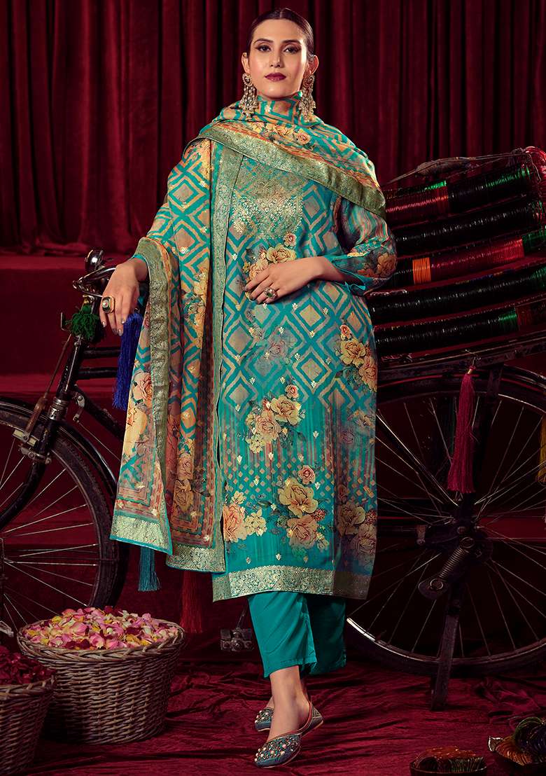 Turquoise Blue Jacquard Muslin Kurta Set - Indya
