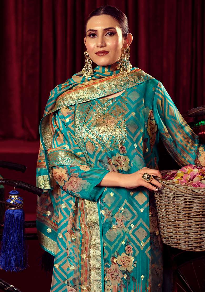 Turquoise Blue Jacquard Muslin Kurta Set - Indya