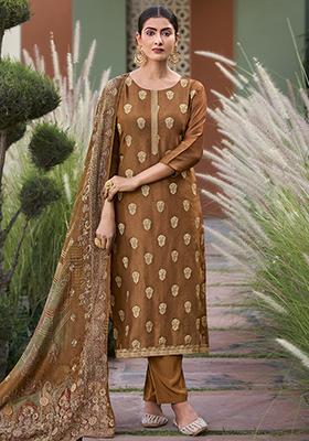 Brown Jacquard Pure Silk Kurta Set