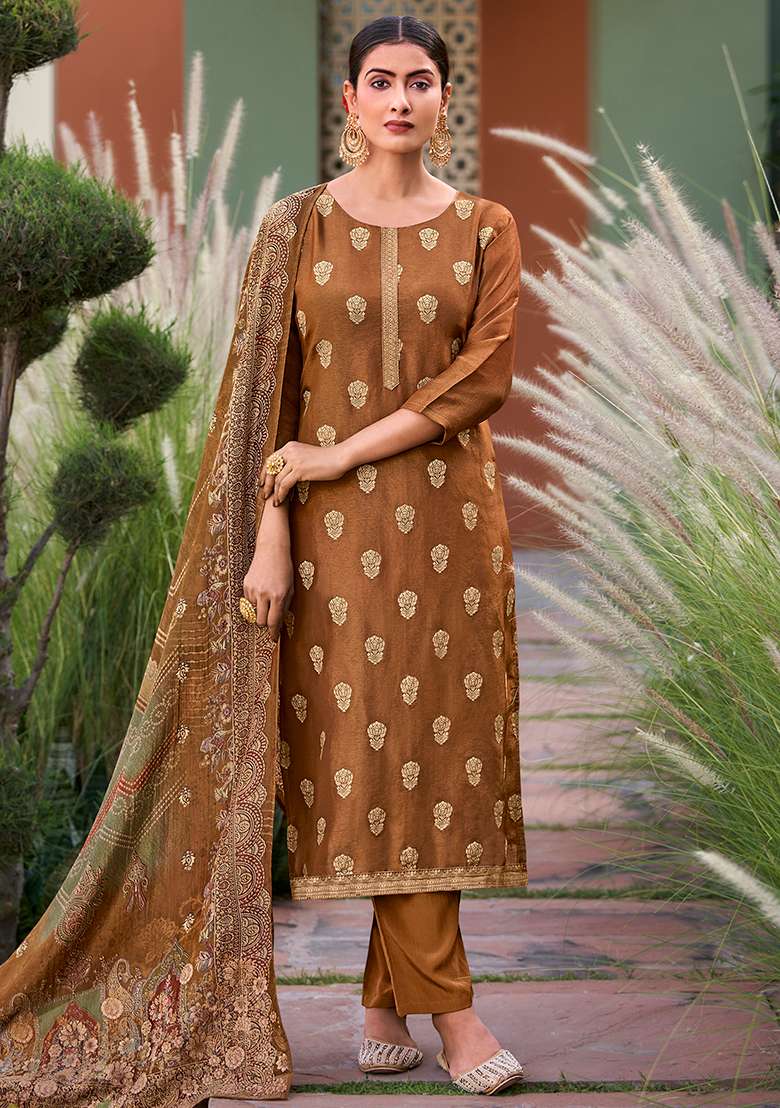 Brown Printed Silk Blend Straight Kurta Set - Indya