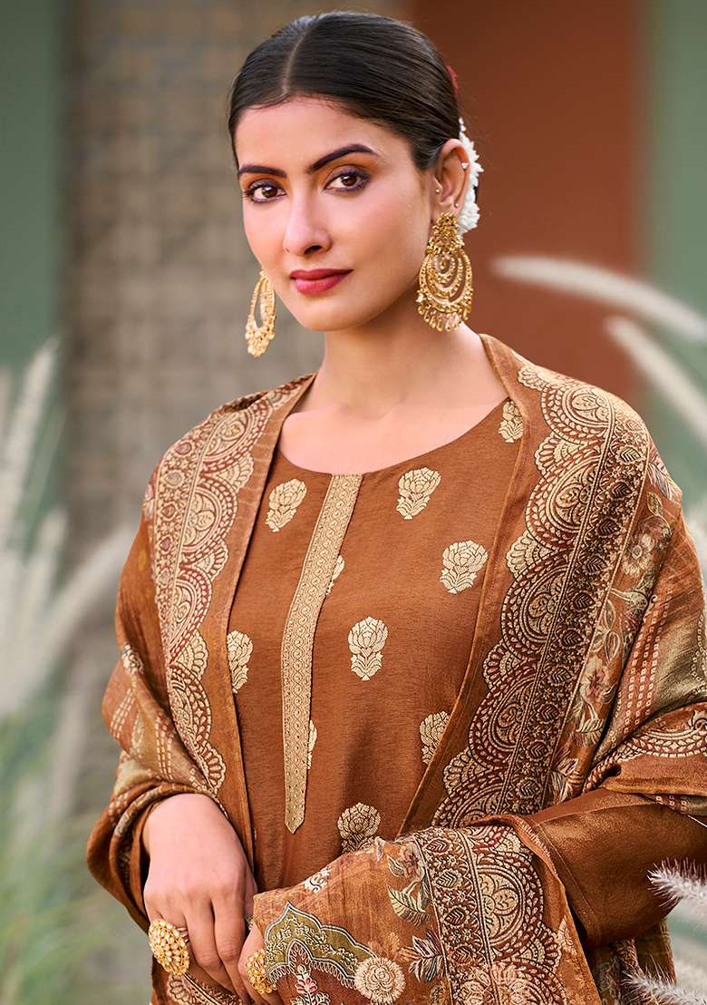Brown Printed Silk Blend Straight Kurta Set - Indya