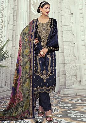 Navy Blue Embroidered Velvet Kurta Set
