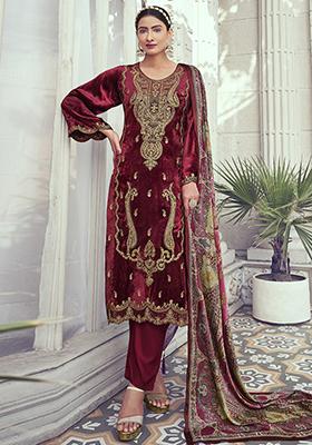 Maroon Embroidered Velvet Kurta Set