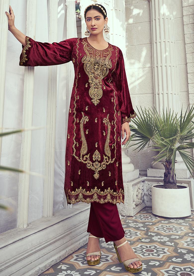 Maroon Embroidered Velvet Kurta Set