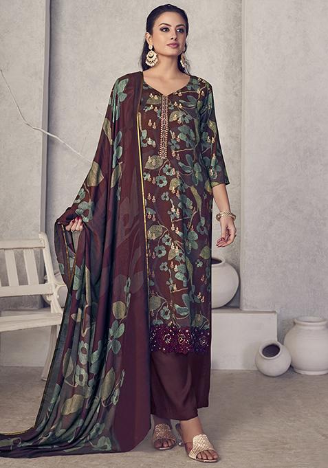 Maroon Digital Print Muslin Kurta Set