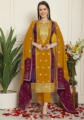 Mustard Embroidered Chinon Chiffon Kurta Set