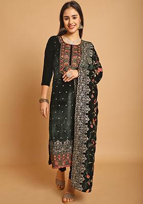 Green Embroidered Velvet Kurta Set