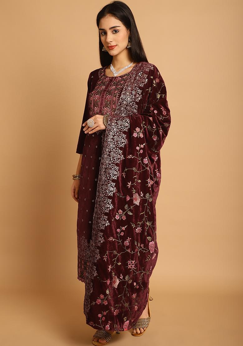 Maroon Embroidered Velvet Kurta Set