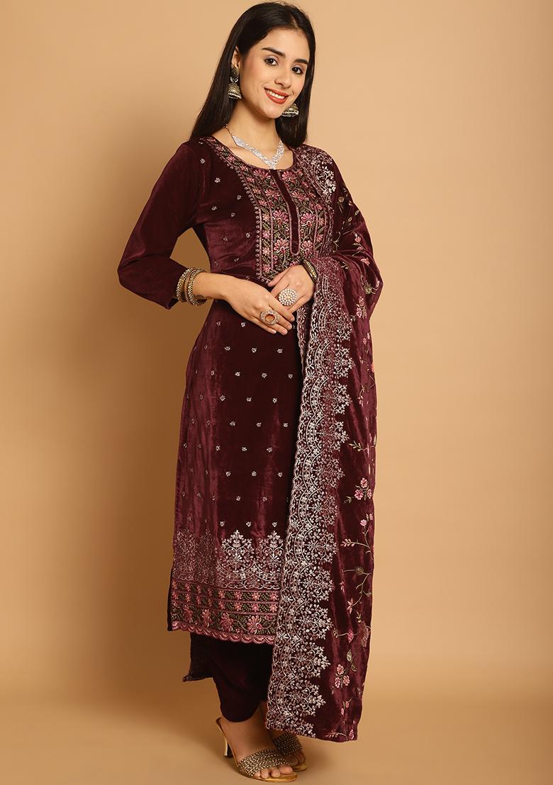Maroon Embroidered Velvet Kurta Set