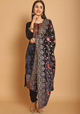 Navy Blue Embroidered Velvet Kurta Set