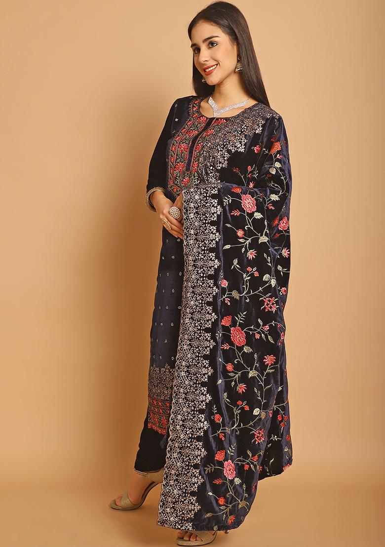 Navy Blue Embroidered Velvet Kurta Set