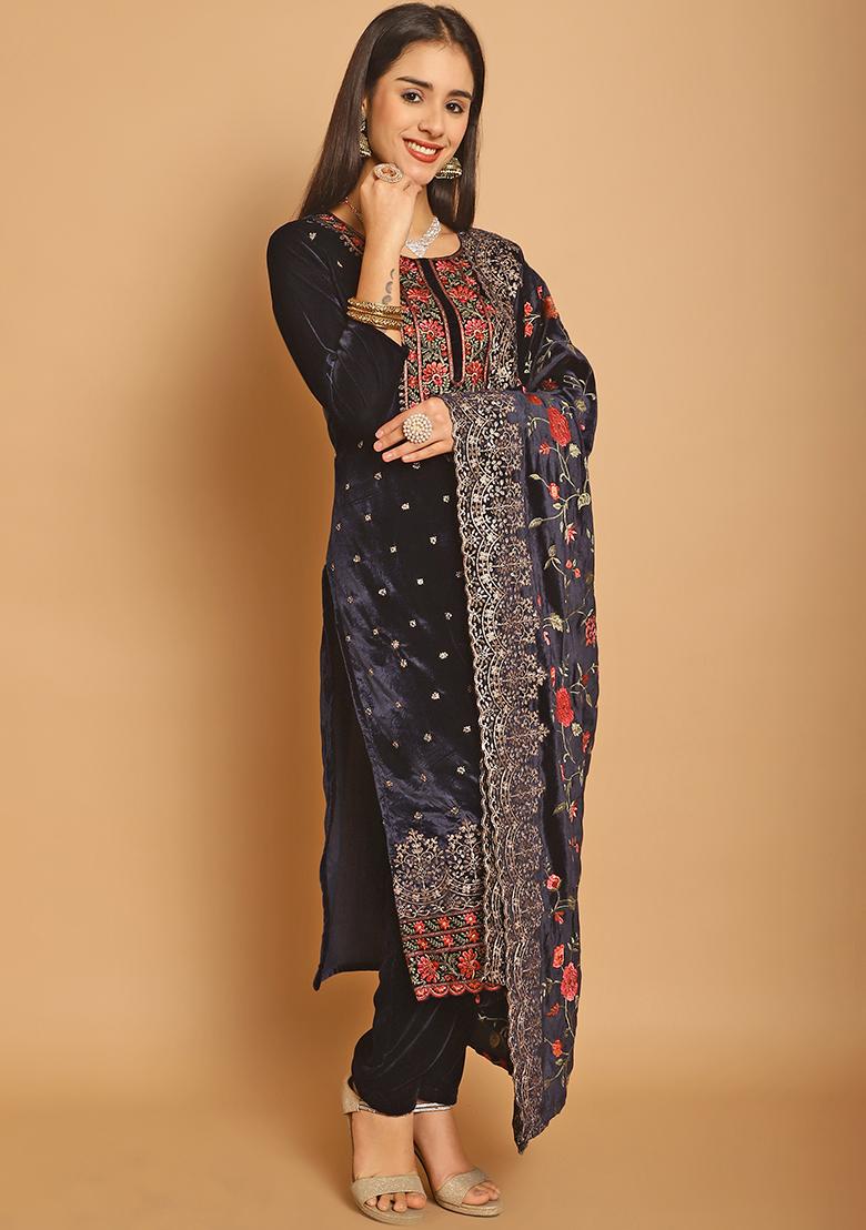 Navy Blue Embroidered Velvet Kurta Set