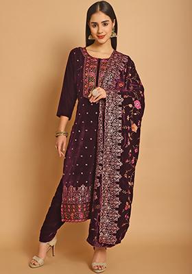 Wine Embroidered Velvet Kurta Set