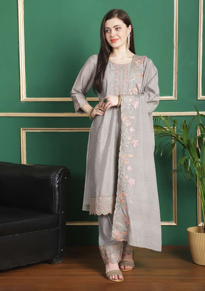 Grey Embroidered Chinon Straight Kurta Set - Indya
