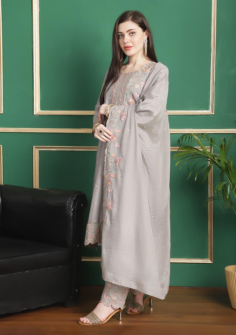 Grey Embroidered Chinon Chiffon Kurta Set