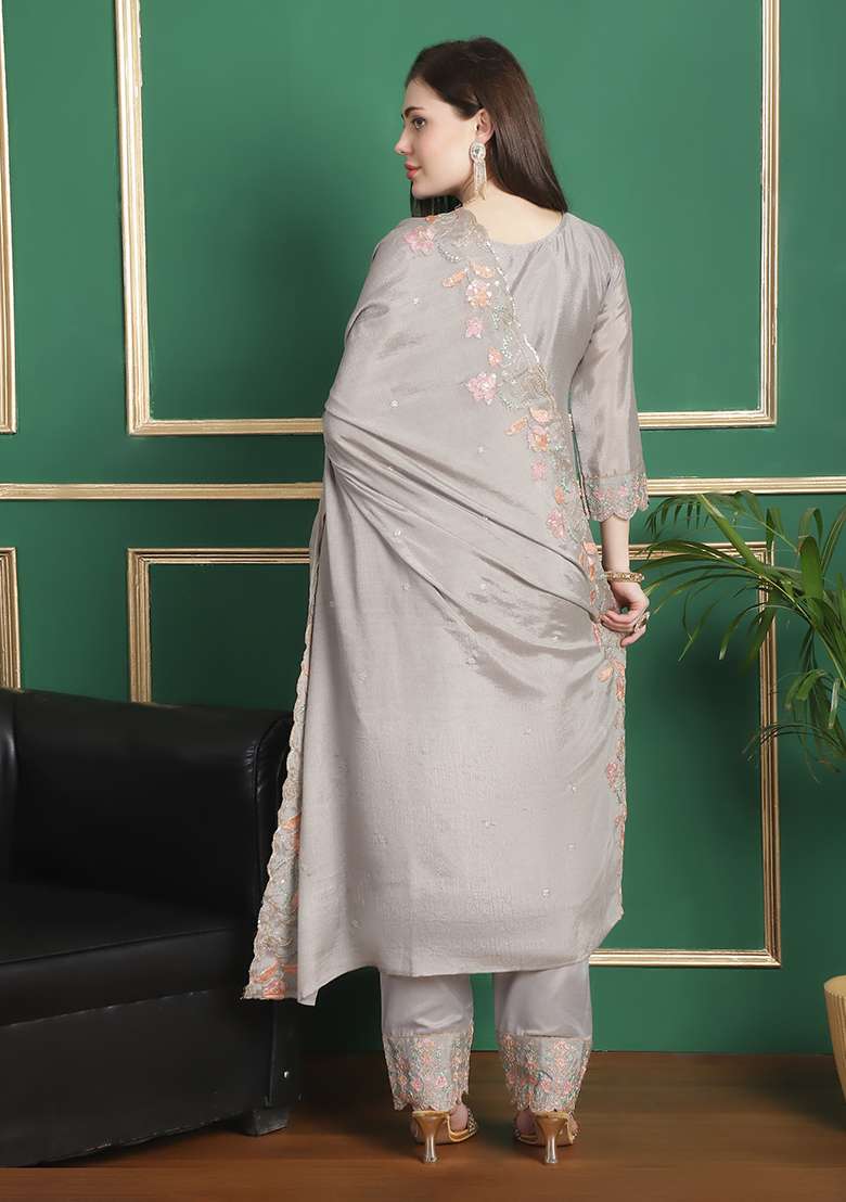 Grey Embroidered Chinon Straight Kurta Set - Indya
