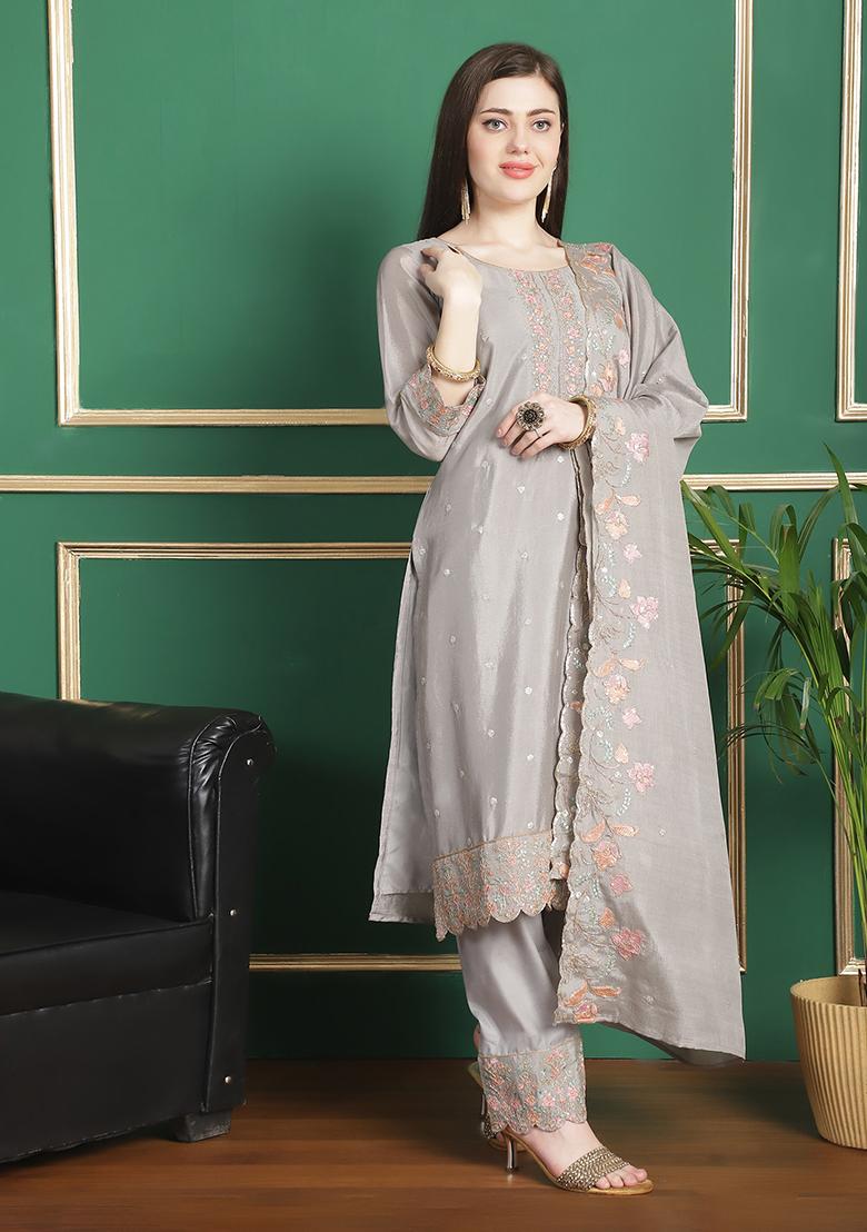 Grey Embroidered Chinon Chiffon Kurta Set