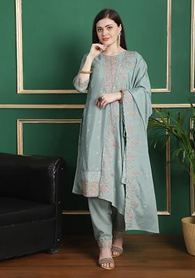 Turquoise Blue Embroidered Chinon Chiffon Kurta Set