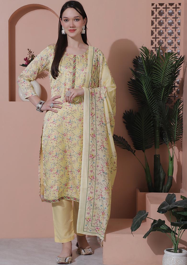 Yellow Digital Print Satin Kurta Set With Dupatta