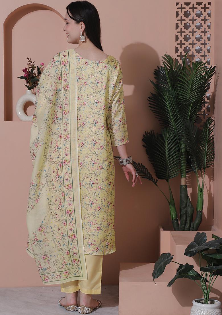 Yellow Digital Print Satin Kurta Set With Dupatta