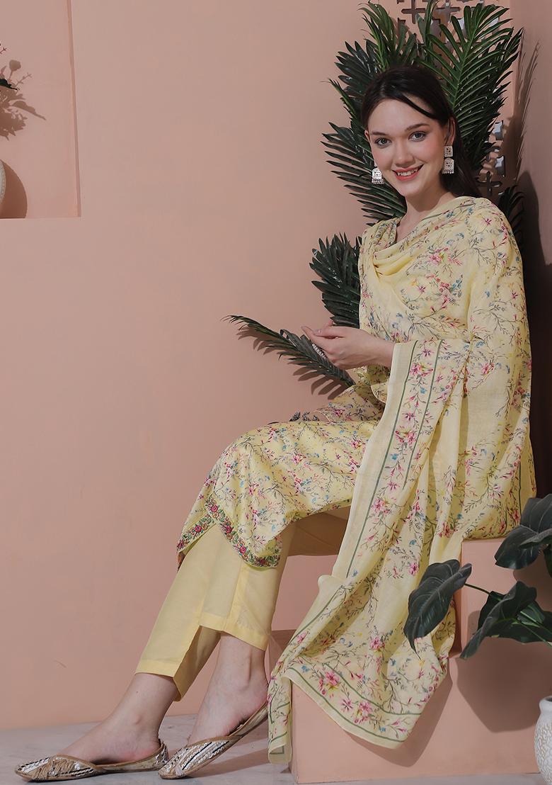 Yellow Digital Print Satin Kurta Set With Dupatta