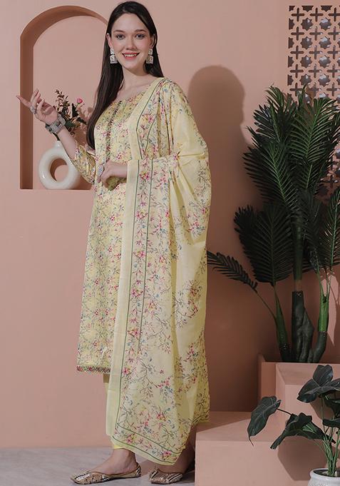 Yellow Digital Print Satin Kurta Set With Dupatta