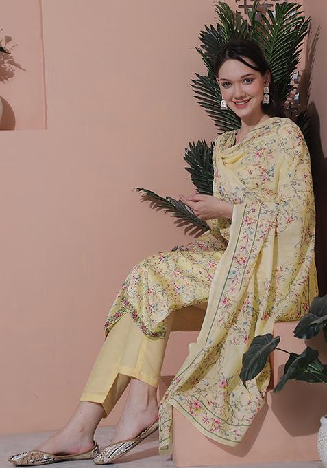 Yellow Digital Print Satin Kurta Set With Dupatta
