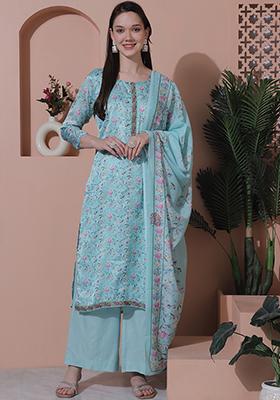Turquoise Blue Digital Print Satin Kurta Set