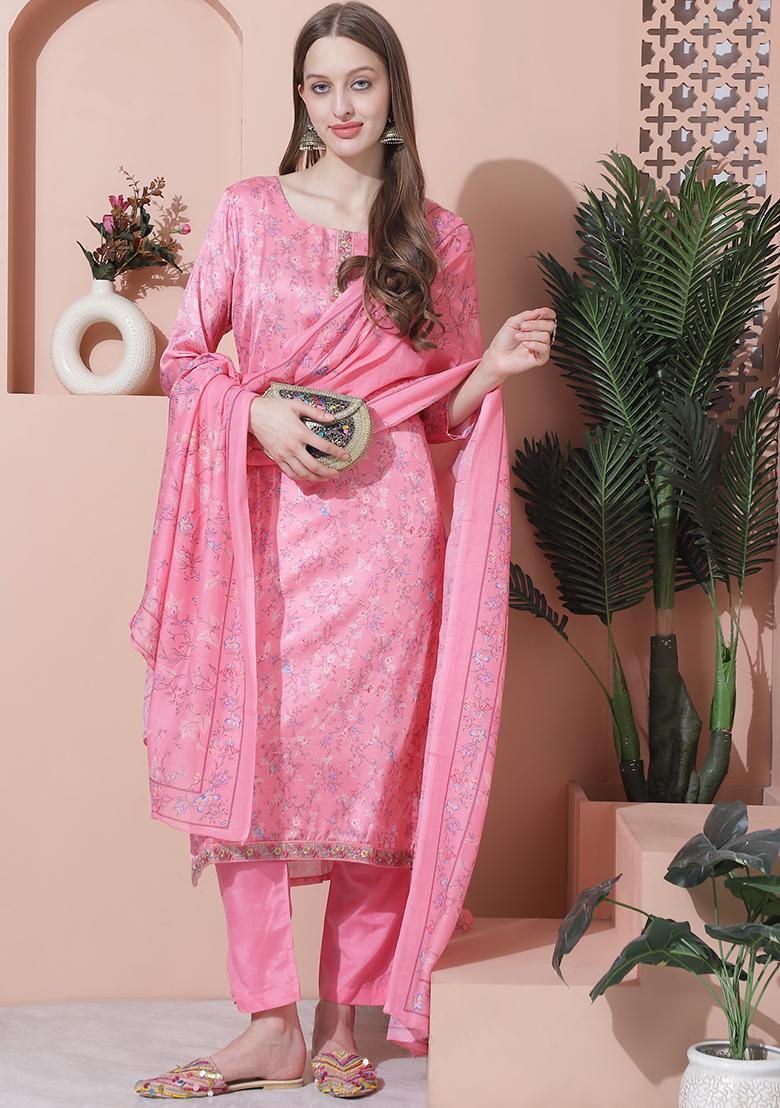 Pink Digital Print Satin Kurta Set