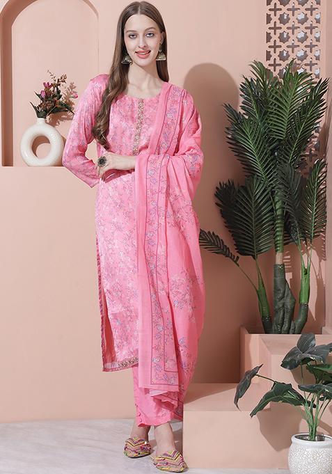 Pink Digital Print Satin Kurta Set