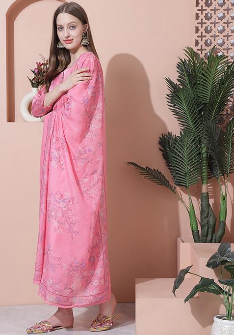 Pink Digital Print Satin Kurta Set