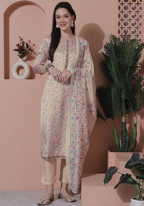 Cream Digital Print Satin Kurta Set
