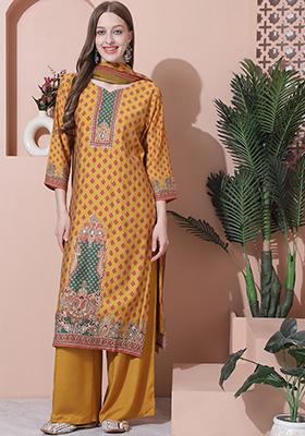 Mustard Embroidered Muslin Kurta Set