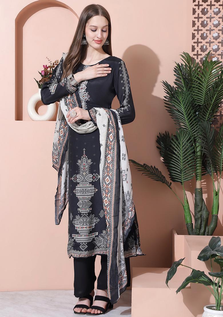 Charcoal Black Embroidered Muslin Kurta Set