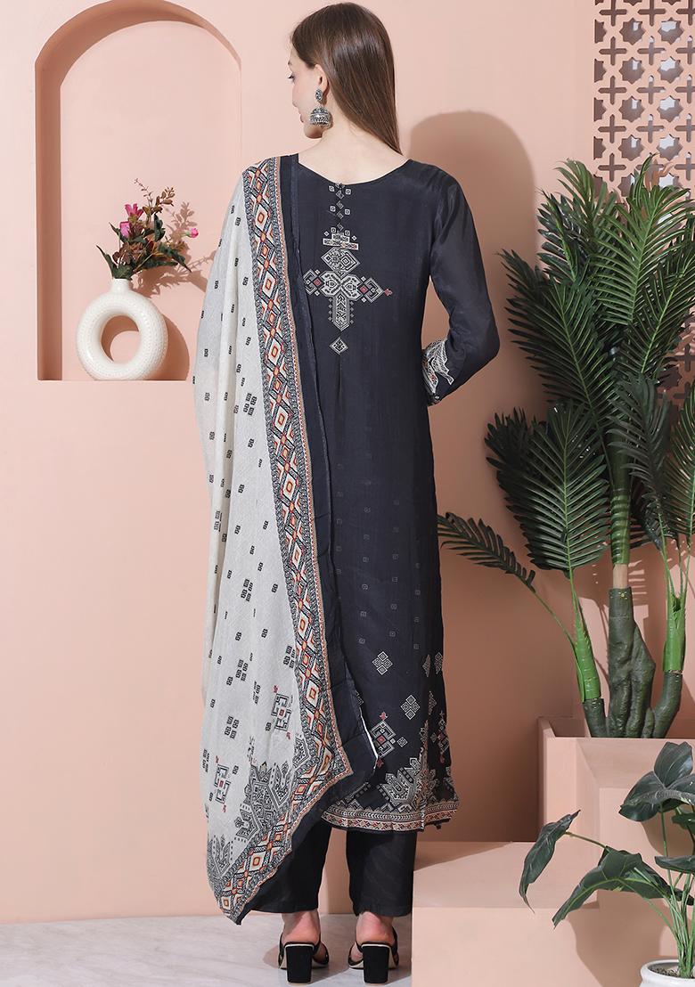 Charcoal Black Embroidered Muslin Kurta Set