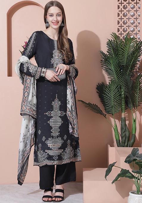 Charcoal Black Embroidered Muslin Kurta Set