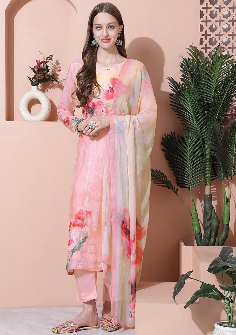 Peach Digital Print Muslin Kurta Set