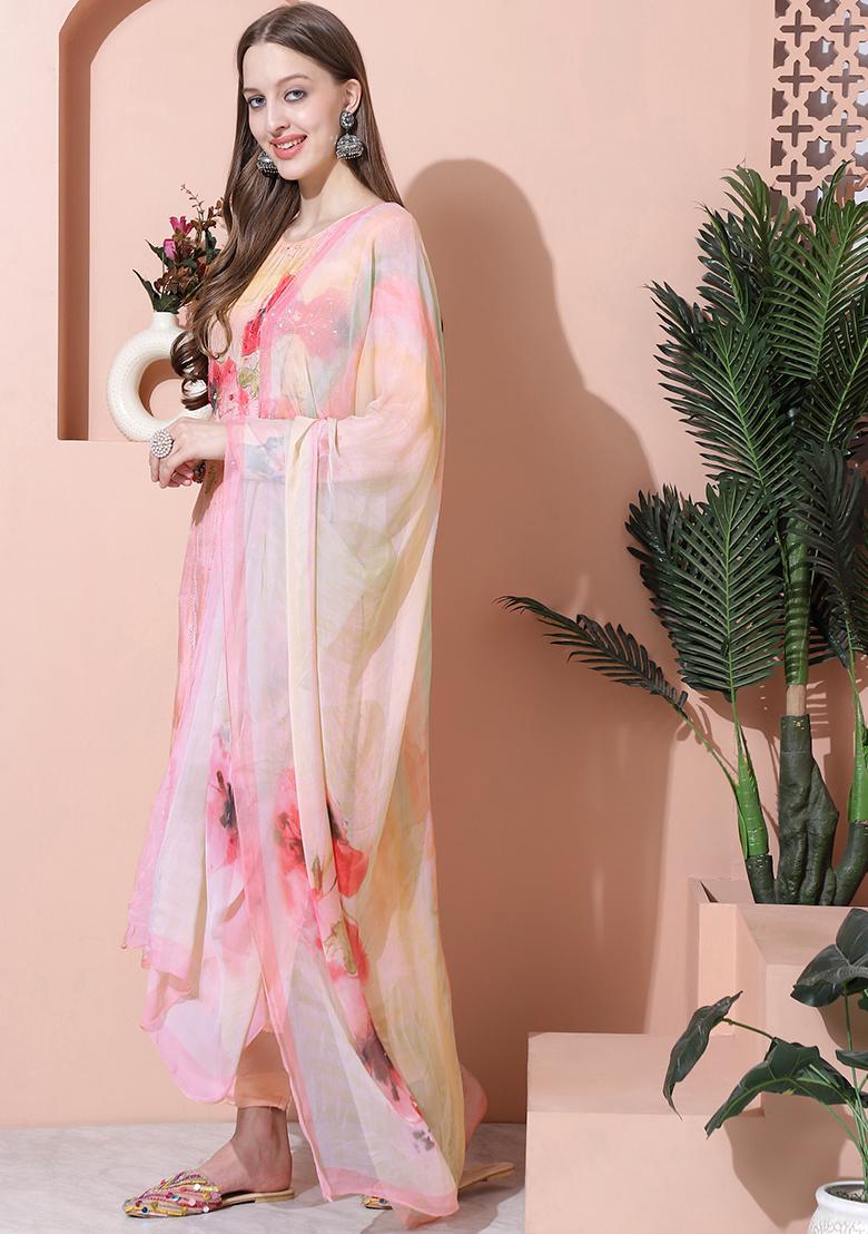 Peach Digital Print Muslin Kurta Set