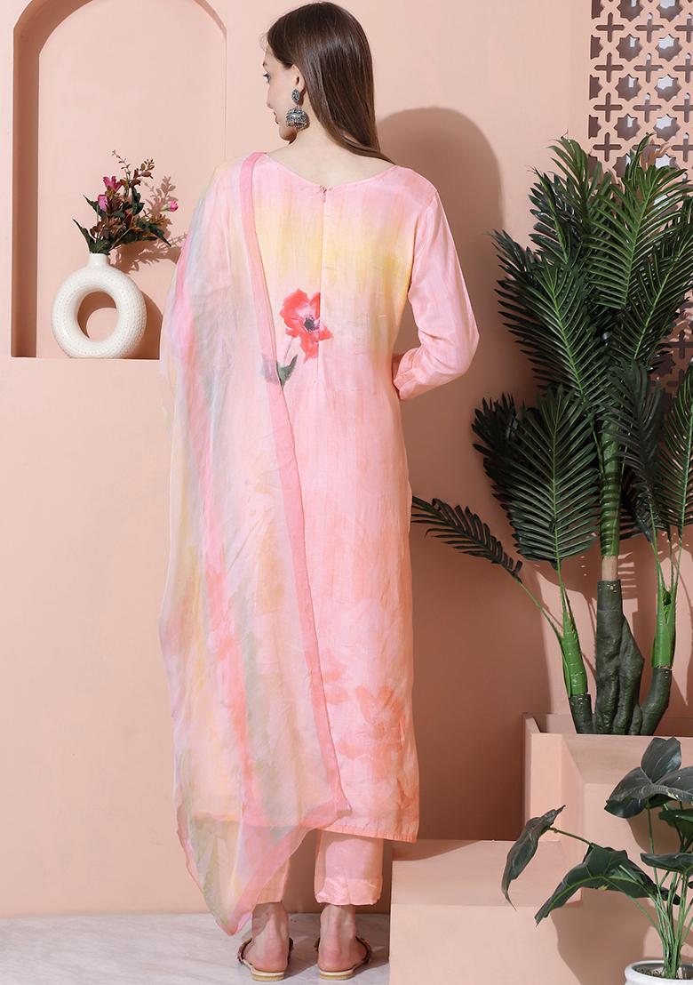 Peach Digital Print Muslin Kurta Set