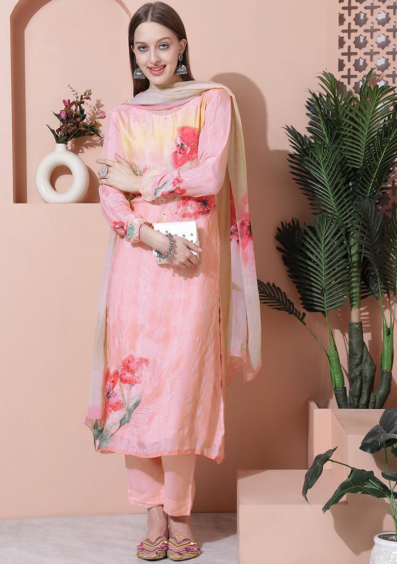 Peach Digital Print Muslin Kurta Set