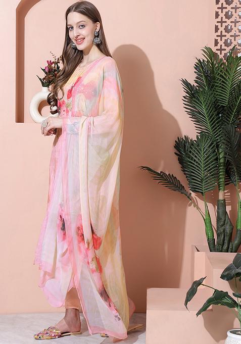 Peach Digital Print Muslin Kurta Set