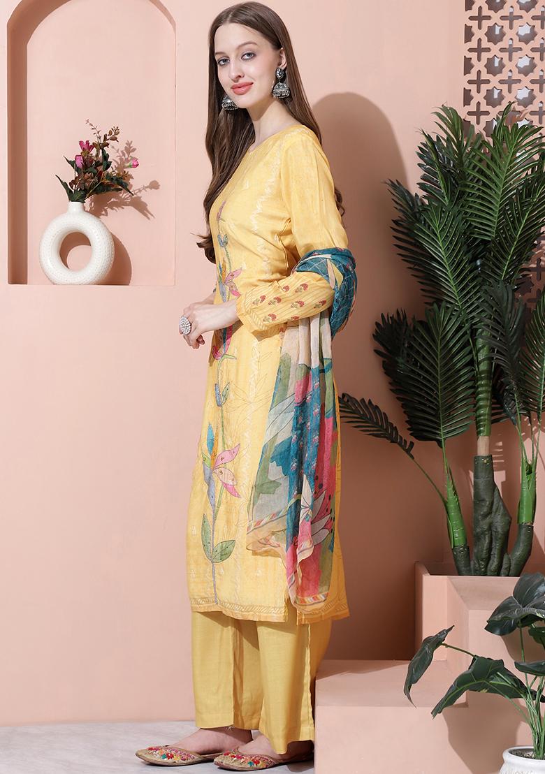 Yellow Digital Print Muslin Kurta Set
